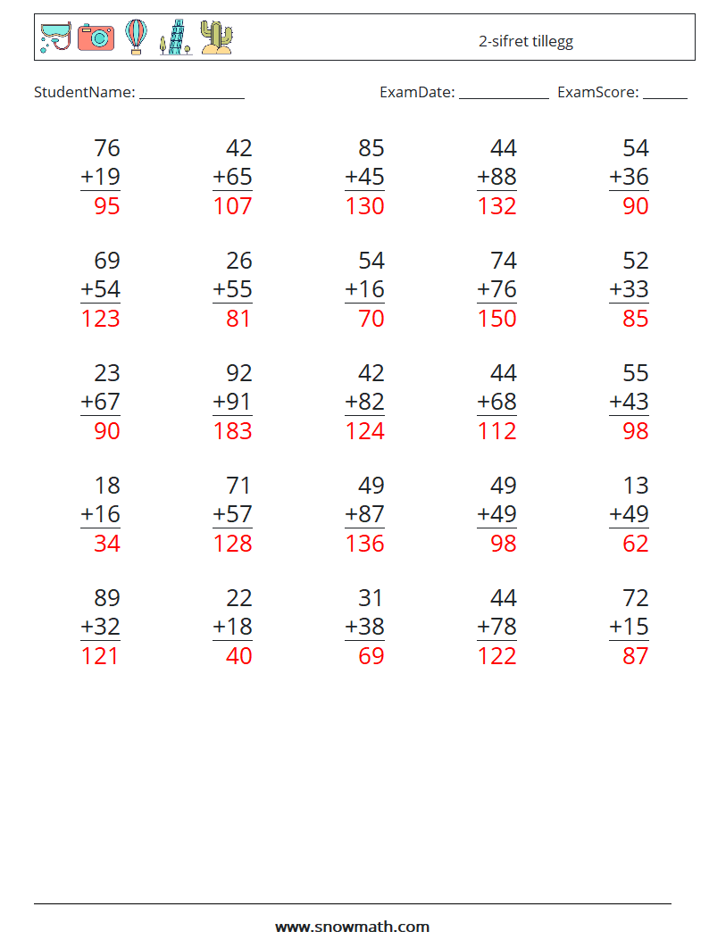 (25) 2-sifret tillegg MathWorksheets 14 QuestionAnswer