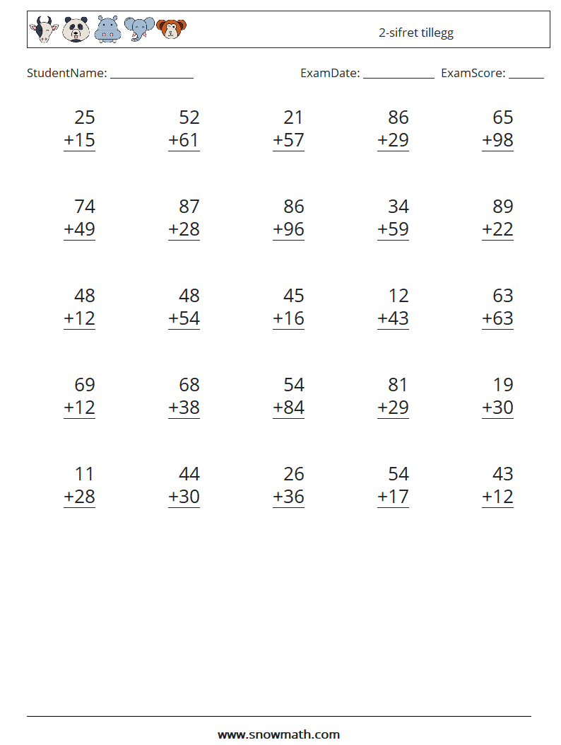 (25) 2-sifret tillegg MathWorksheets 15