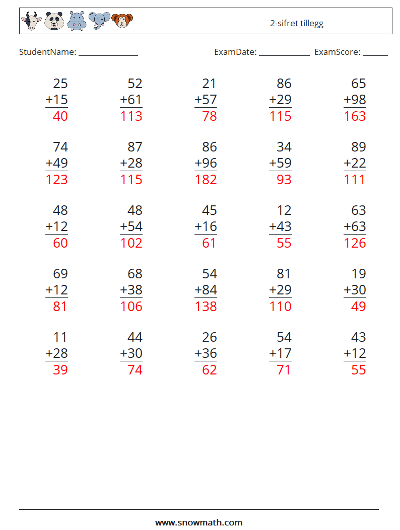 (25) 2-sifret tillegg MathWorksheets 15 QuestionAnswer