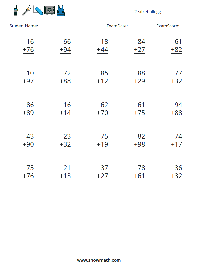 (25) 2-sifret tillegg MathWorksheets 16