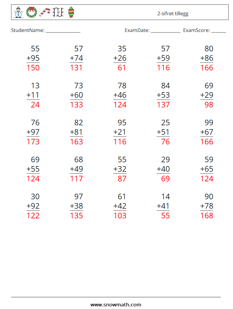 (25) 2-sifret tillegg MathWorksheets 17 QuestionAnswer