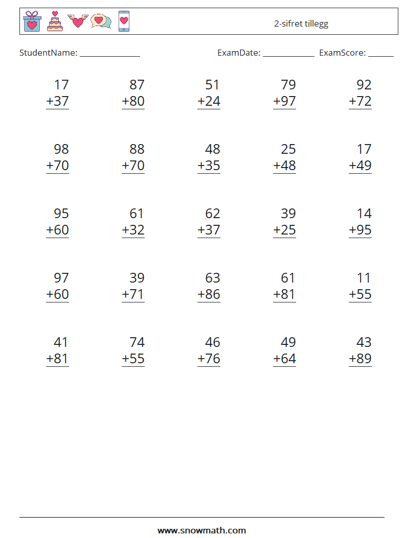 (25) 2-sifret tillegg MathWorksheets 18