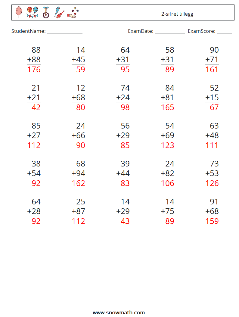 (25) 2-sifret tillegg MathWorksheets 1 QuestionAnswer