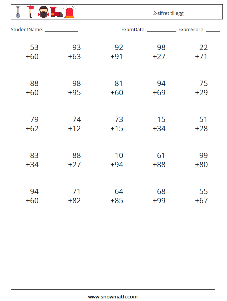 (25) 2-sifret tillegg MathWorksheets 2