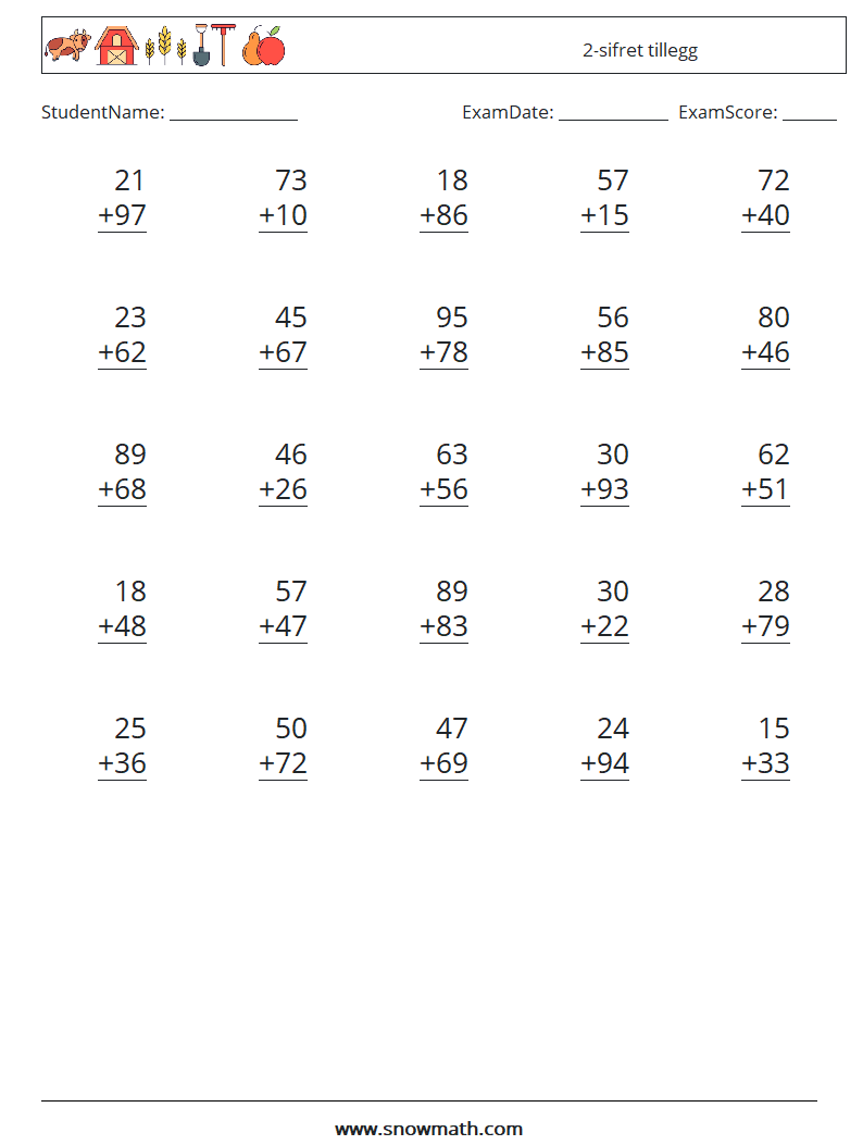 (25) 2-sifret tillegg MathWorksheets 3