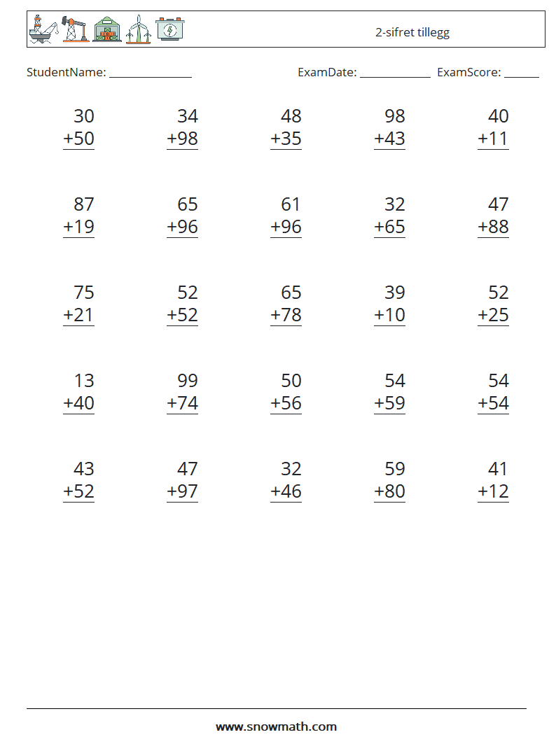 (25) 2-sifret tillegg MathWorksheets 4