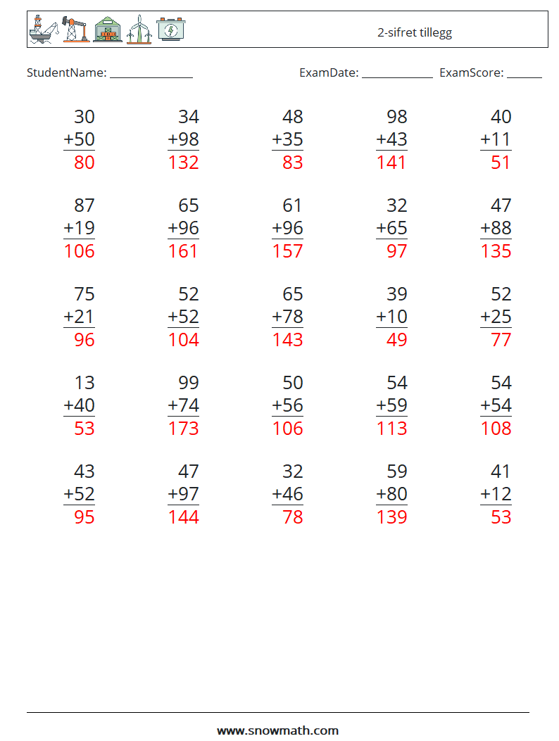 (25) 2-sifret tillegg MathWorksheets 4 QuestionAnswer