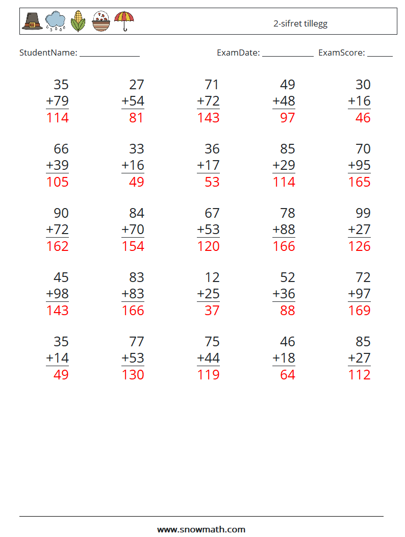 (25) 2-sifret tillegg MathWorksheets 5 QuestionAnswer
