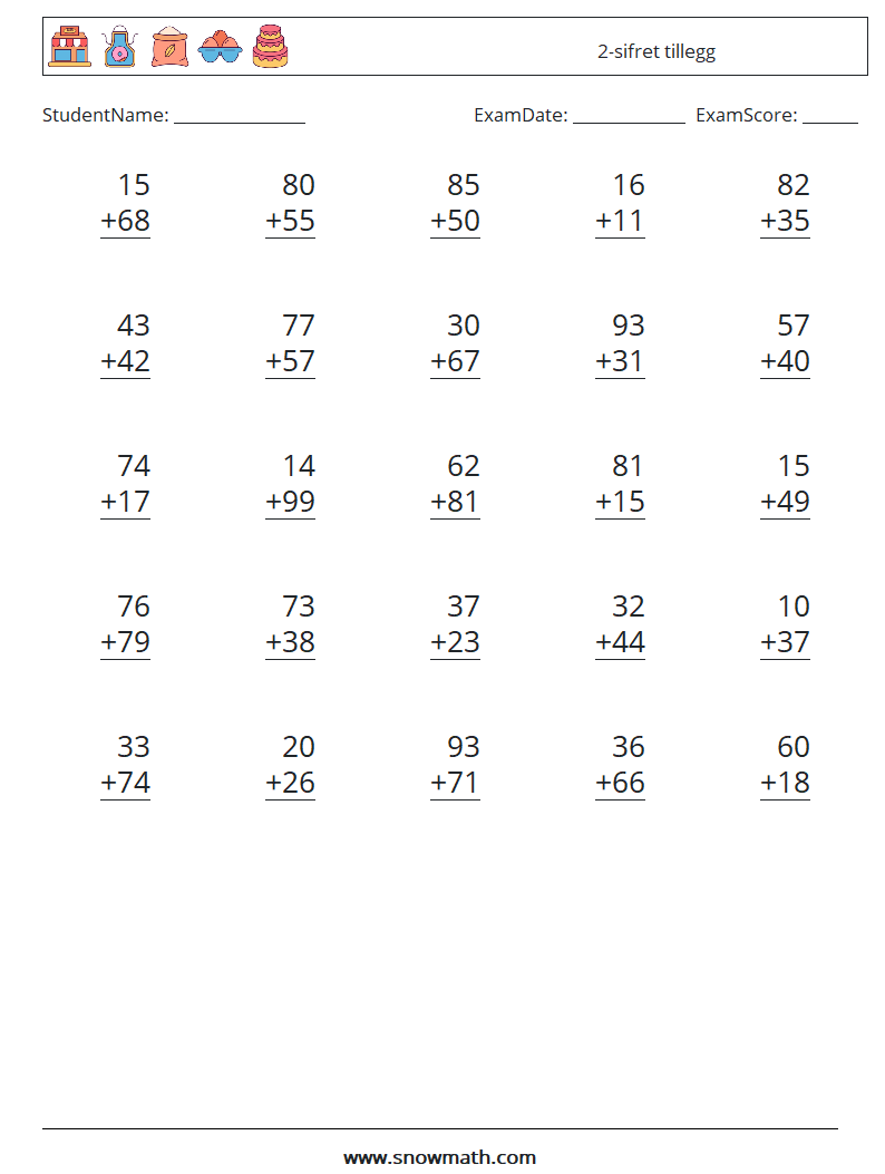 (25) 2-sifret tillegg MathWorksheets 6