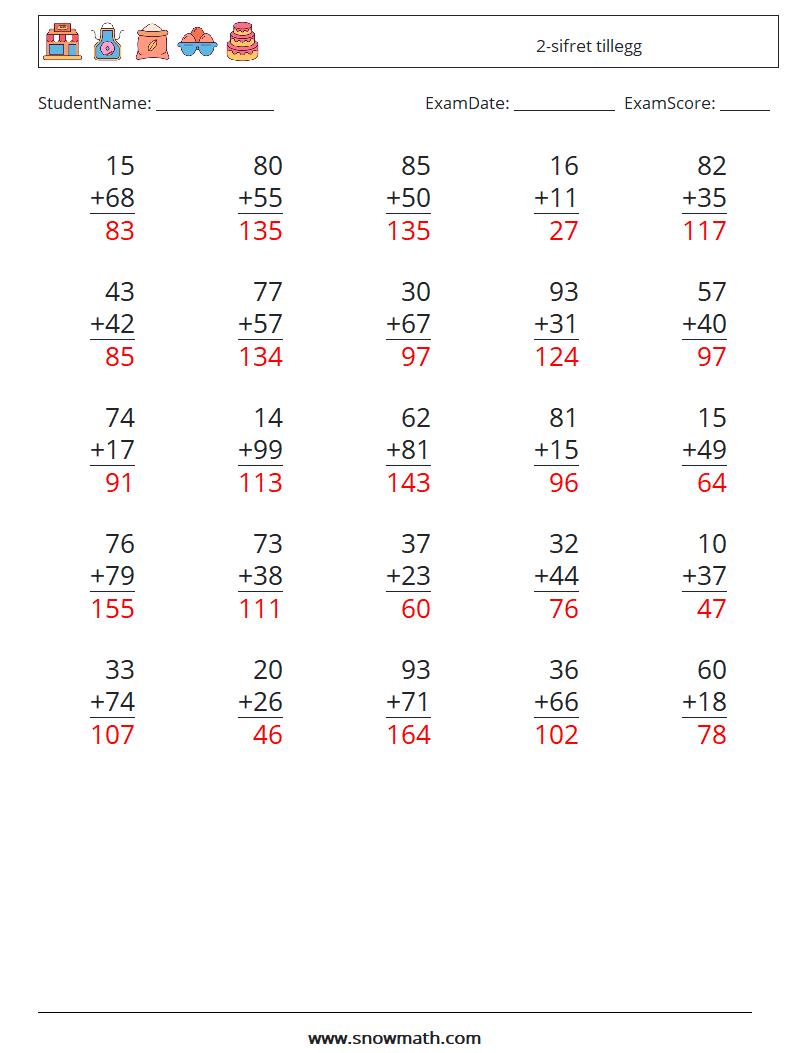 (25) 2-sifret tillegg MathWorksheets 6 QuestionAnswer