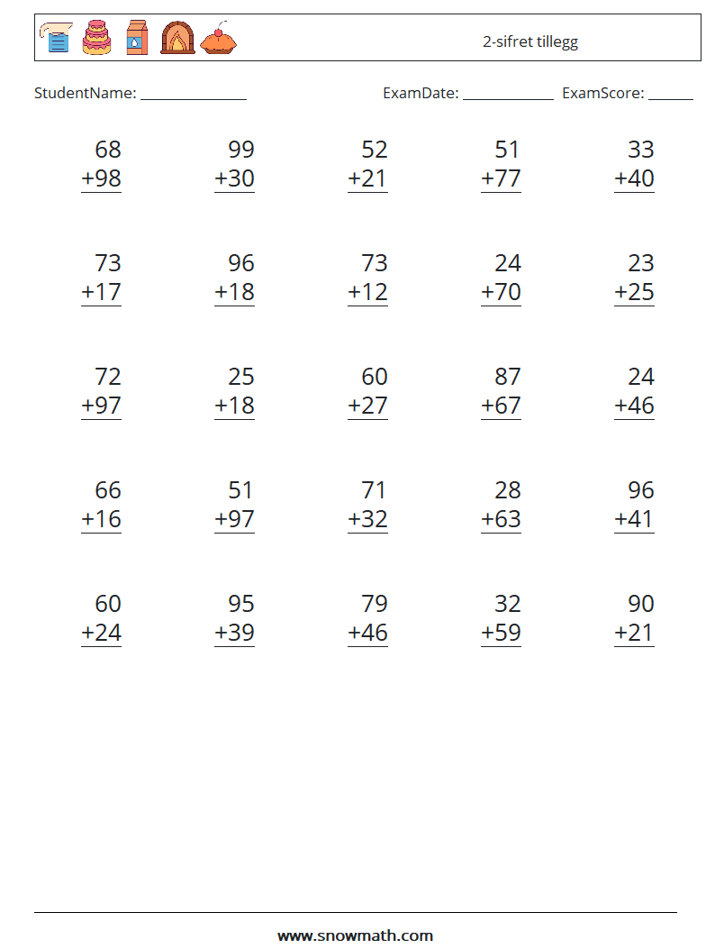 (25) 2-sifret tillegg MathWorksheets 8