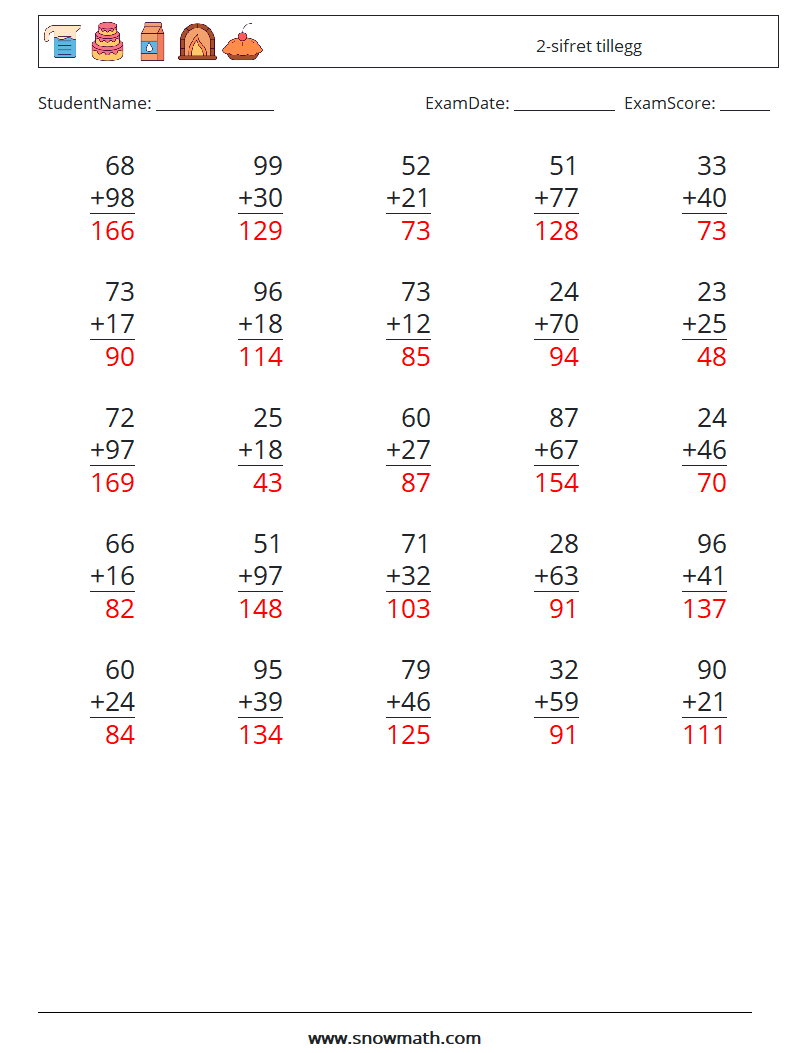 (25) 2-sifret tillegg MathWorksheets 8 QuestionAnswer