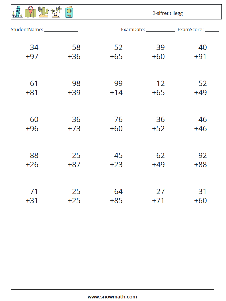 (25) 2-sifret tillegg MathWorksheets 9