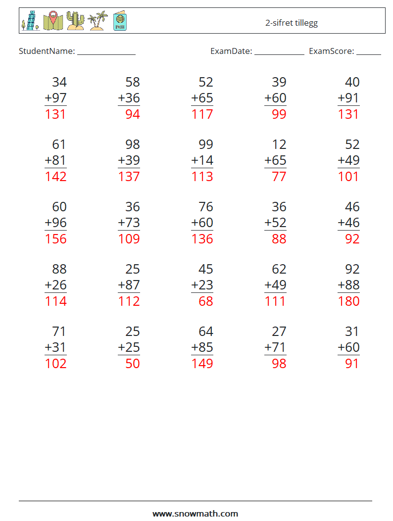 (25) 2-sifret tillegg MathWorksheets 9 QuestionAnswer