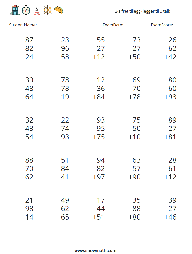(25) 2-sifret tillegg (legger til 3 tall)