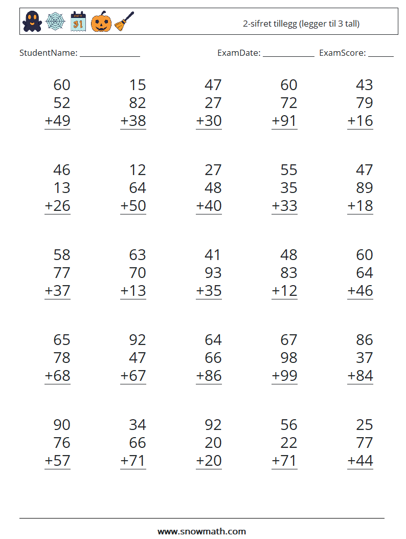 (25) 2-sifret tillegg (legger til 3 tall) MathWorksheets 10