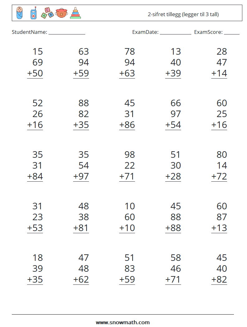 (25) 2-sifret tillegg (legger til 3 tall) MathWorksheets 11