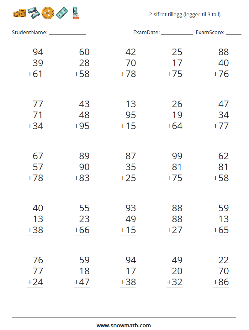 (25) 2-sifret tillegg (legger til 3 tall) MathWorksheets 12