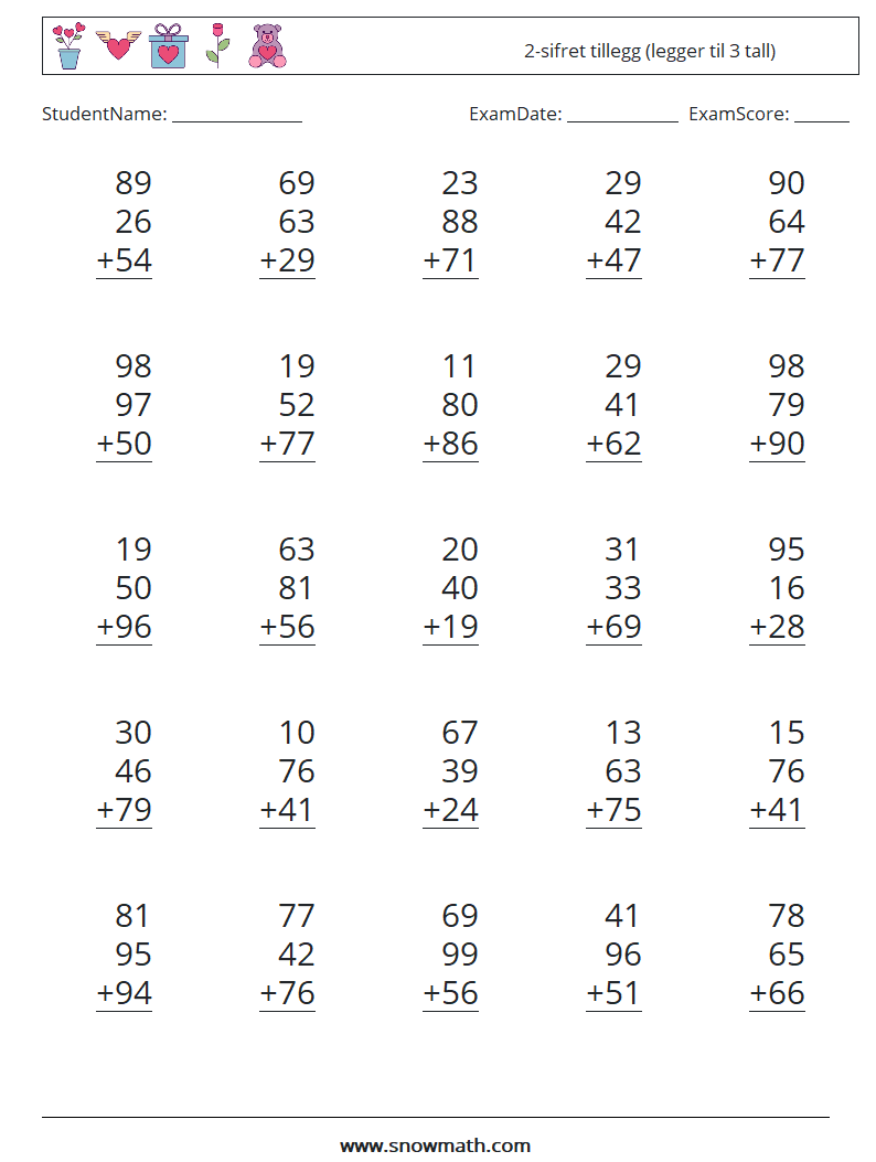 (25) 2-sifret tillegg (legger til 3 tall) MathWorksheets 13