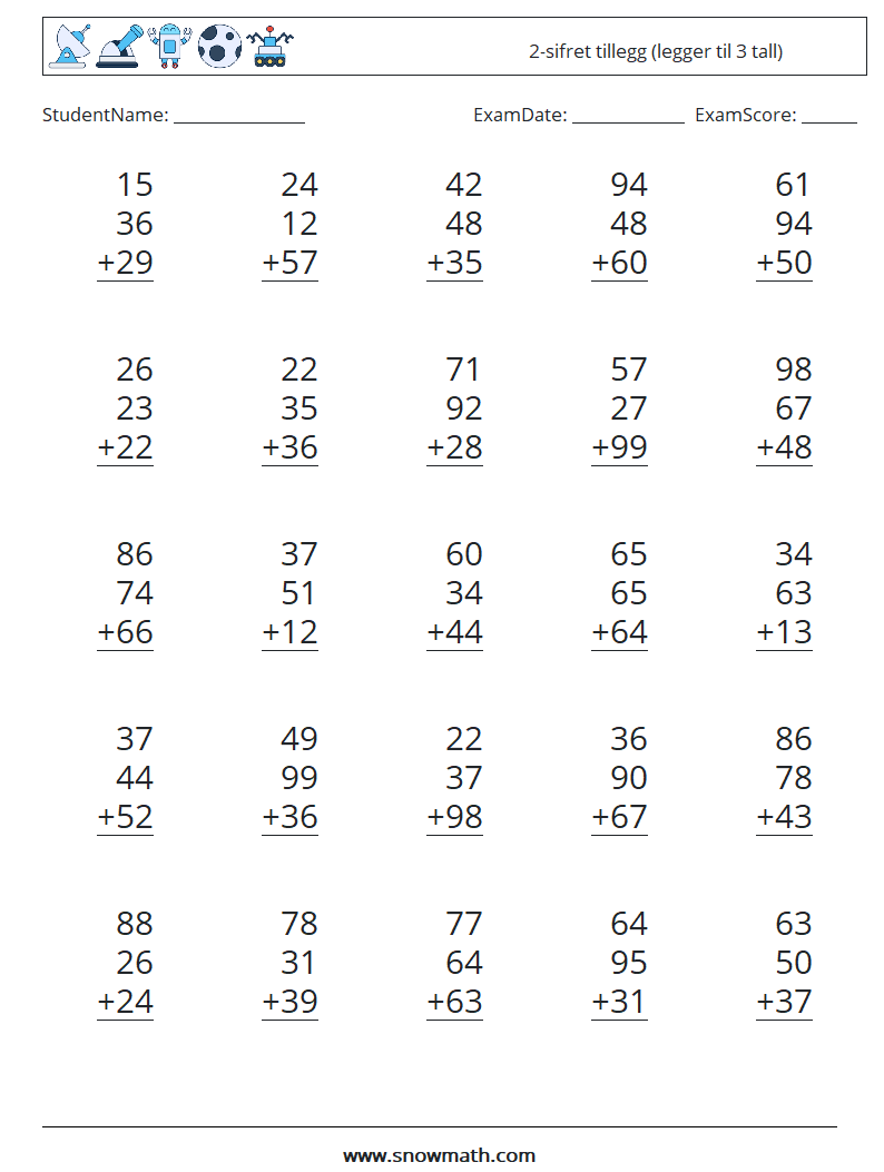(25) 2-sifret tillegg (legger til 3 tall) MathWorksheets 14