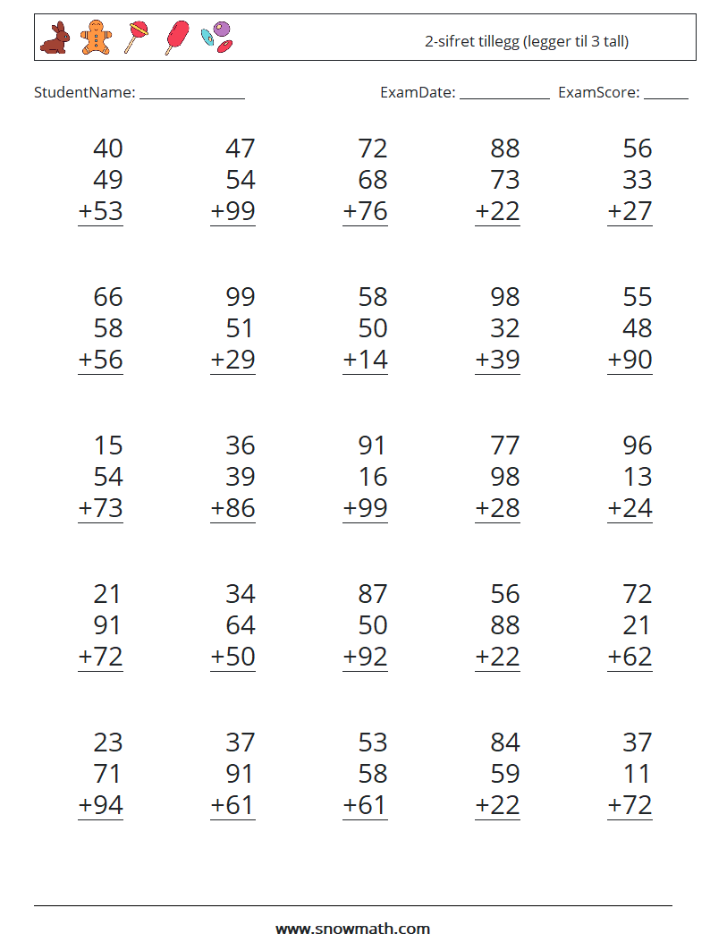 (25) 2-sifret tillegg (legger til 3 tall) MathWorksheets 15