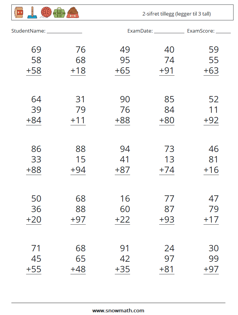 (25) 2-sifret tillegg (legger til 3 tall) MathWorksheets 16