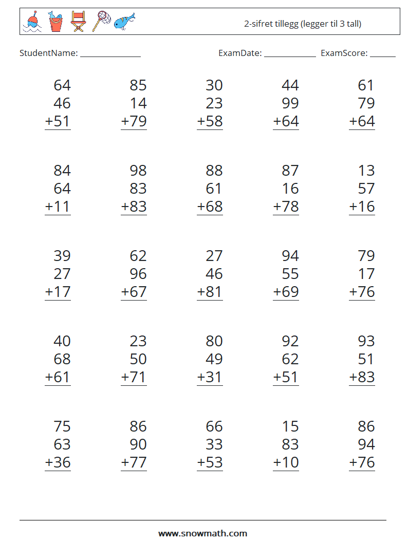 (25) 2-sifret tillegg (legger til 3 tall) MathWorksheets 17