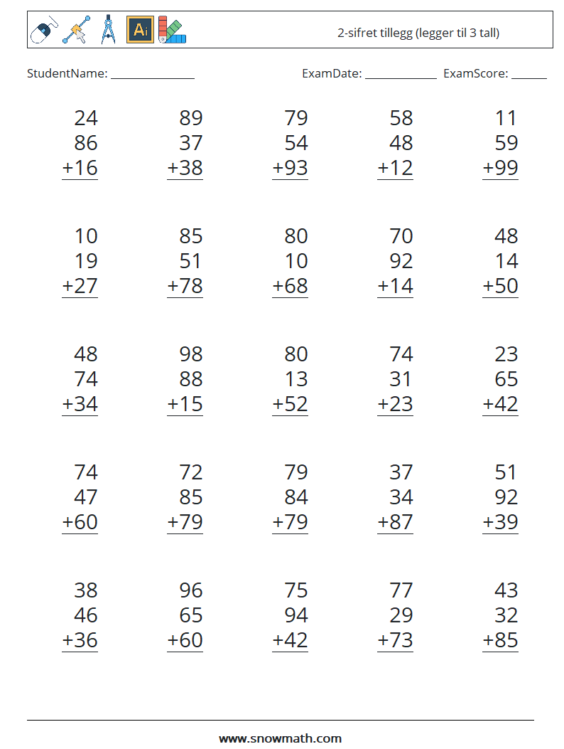 (25) 2-sifret tillegg (legger til 3 tall) MathWorksheets 18
