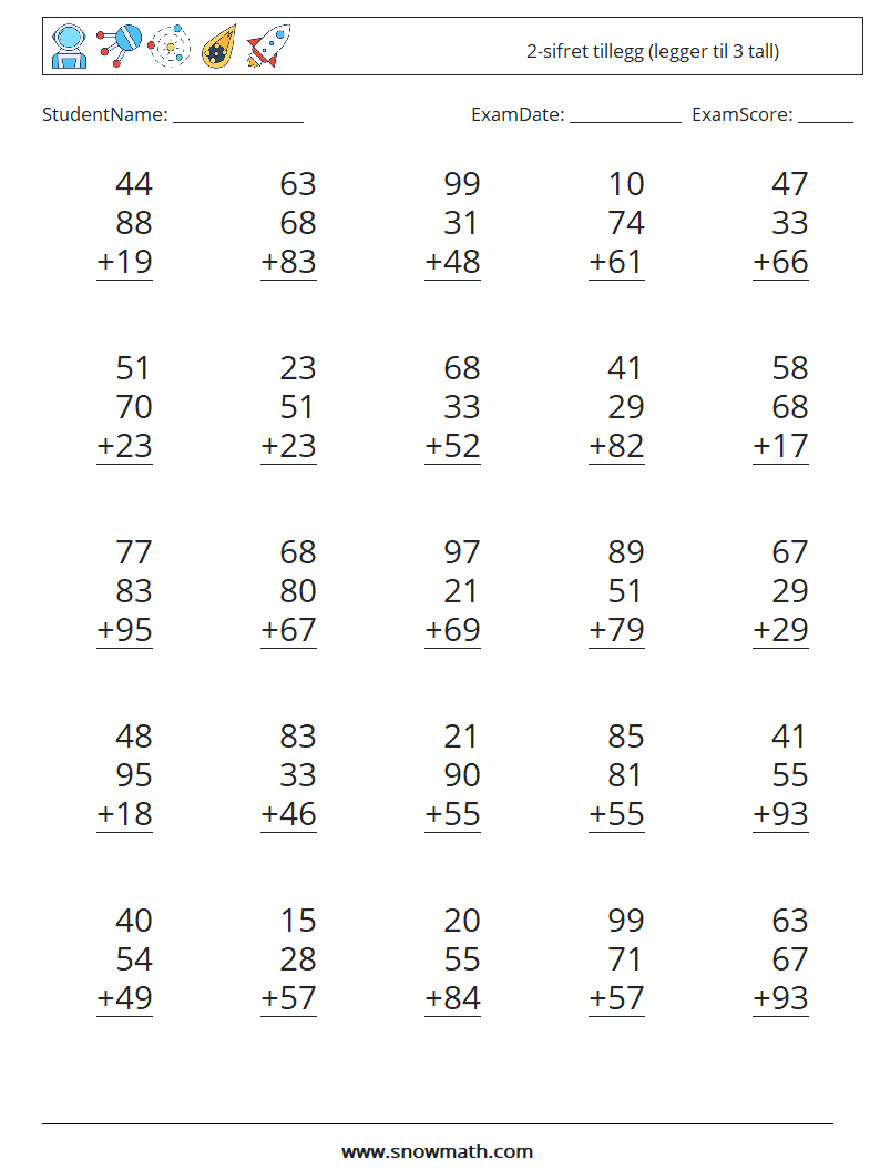 (25) 2-sifret tillegg (legger til 3 tall) MathWorksheets 2