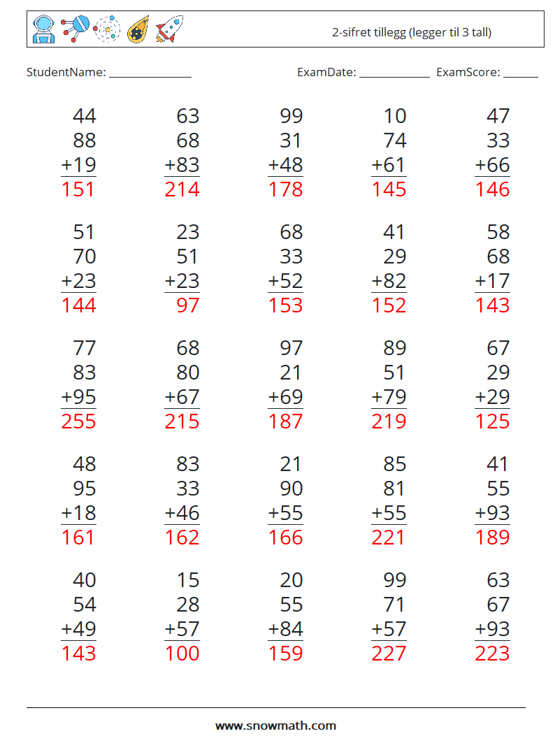 (25) 2-sifret tillegg (legger til 3 tall) MathWorksheets 2 QuestionAnswer
