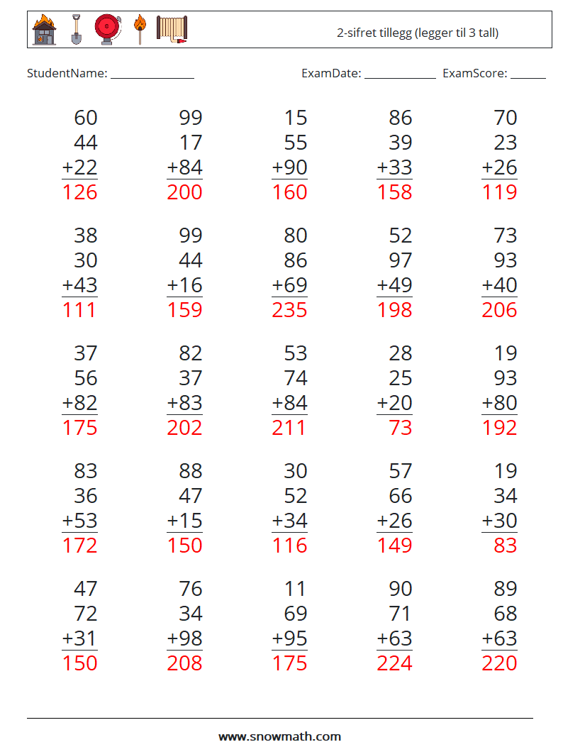 (25) 2-sifret tillegg (legger til 3 tall) MathWorksheets 3 QuestionAnswer