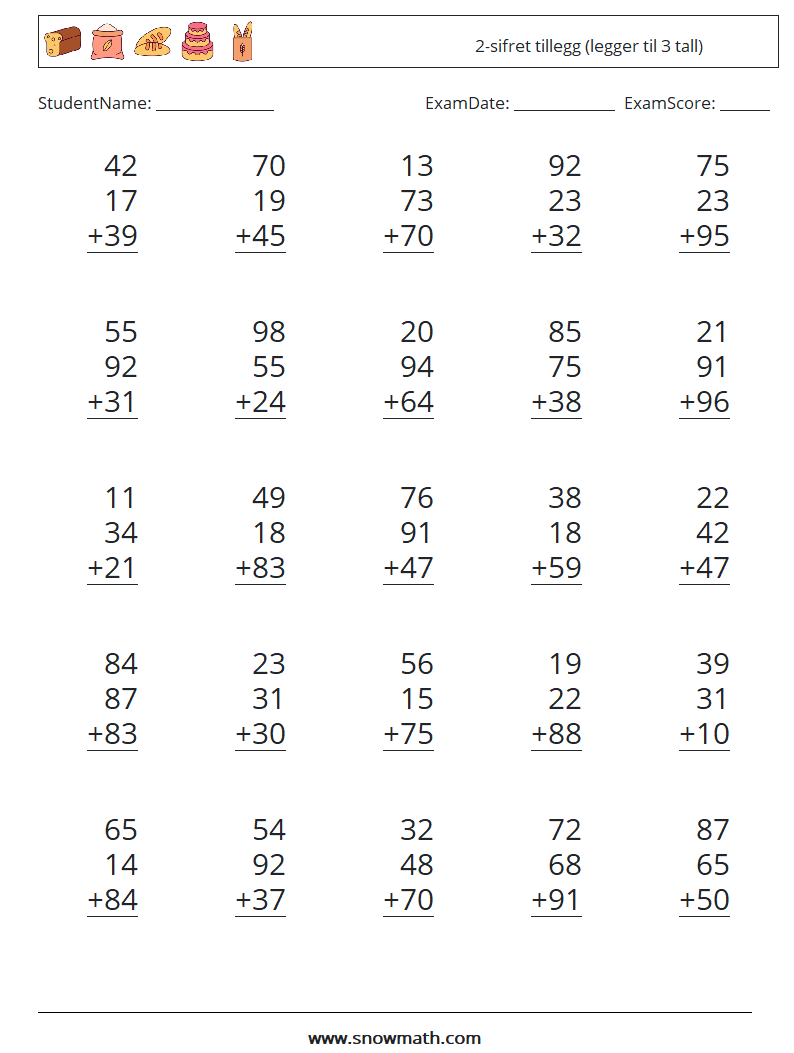 (25) 2-sifret tillegg (legger til 3 tall) MathWorksheets 4