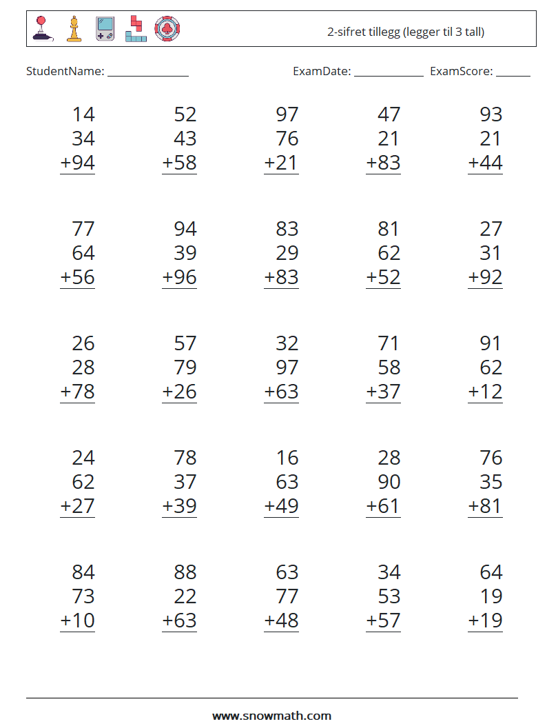 (25) 2-sifret tillegg (legger til 3 tall) MathWorksheets 5