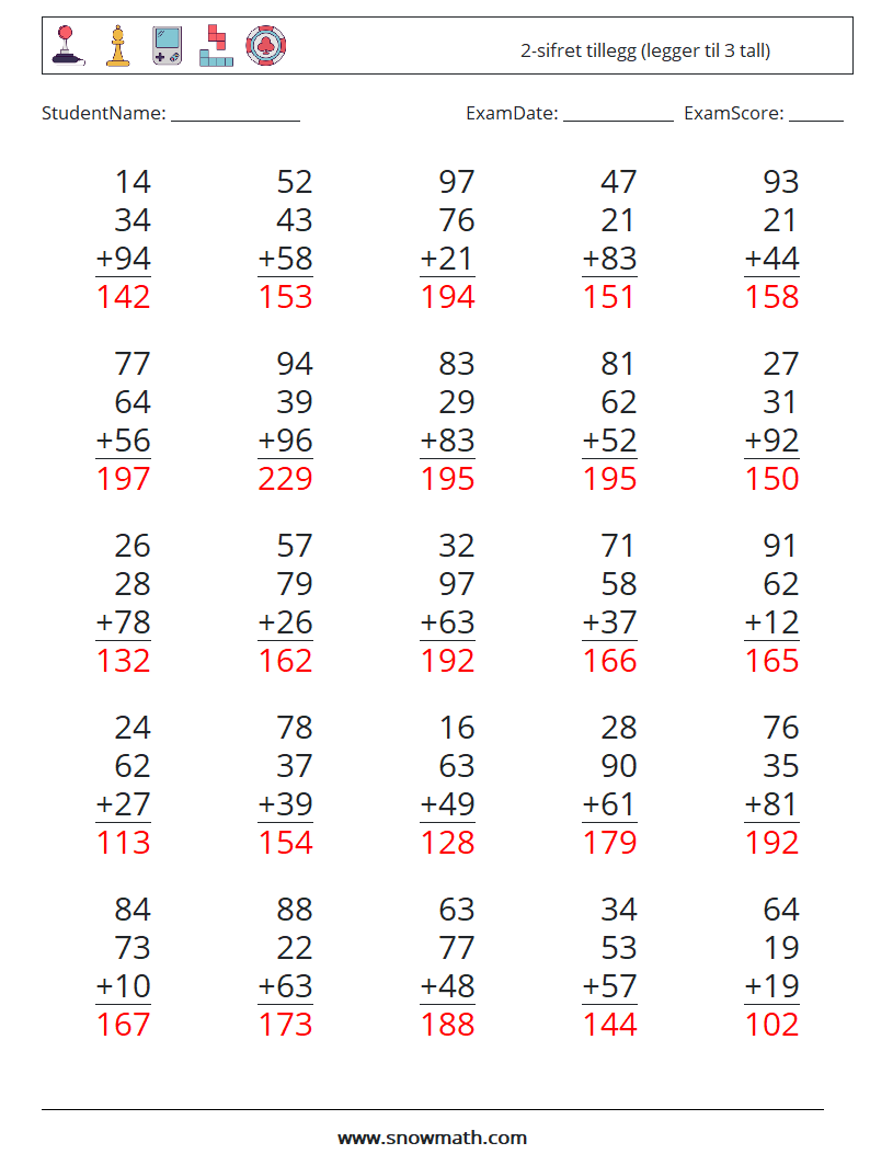 (25) 2-sifret tillegg (legger til 3 tall) MathWorksheets 5 QuestionAnswer