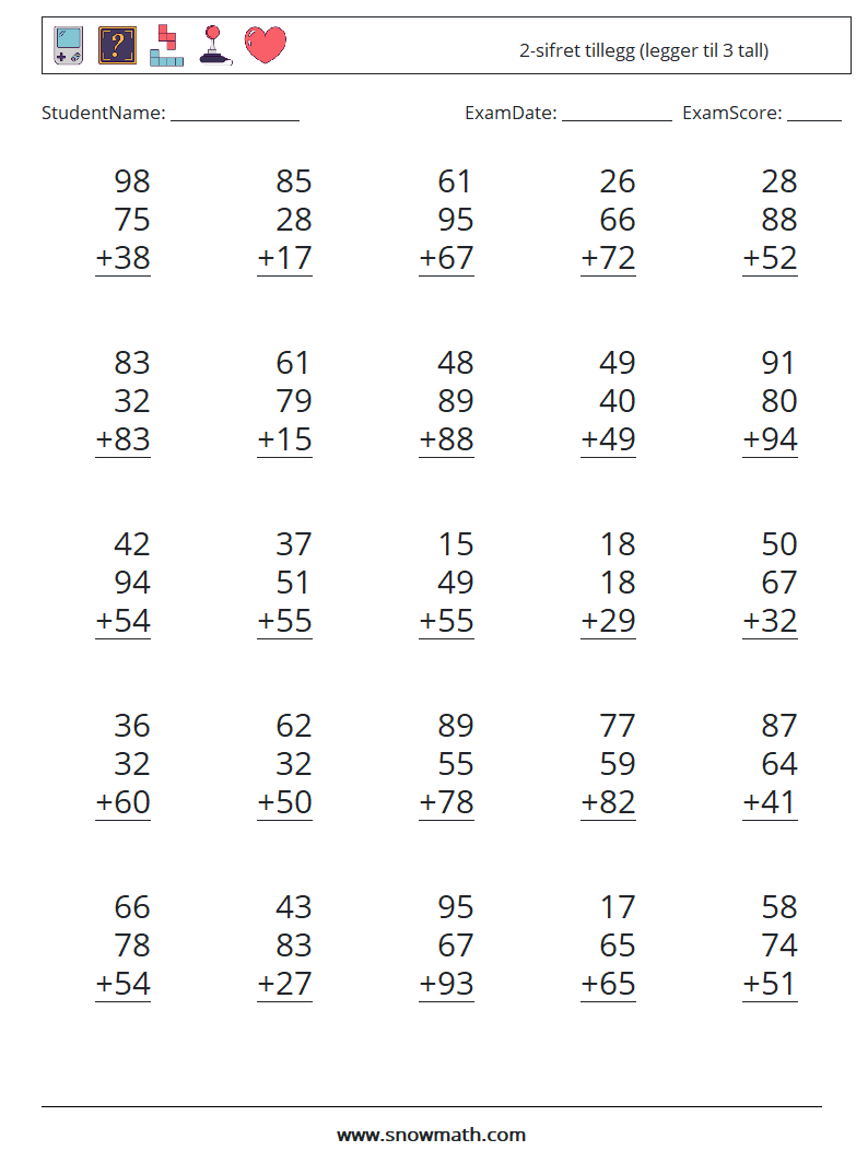 (25) 2-sifret tillegg (legger til 3 tall) MathWorksheets 6