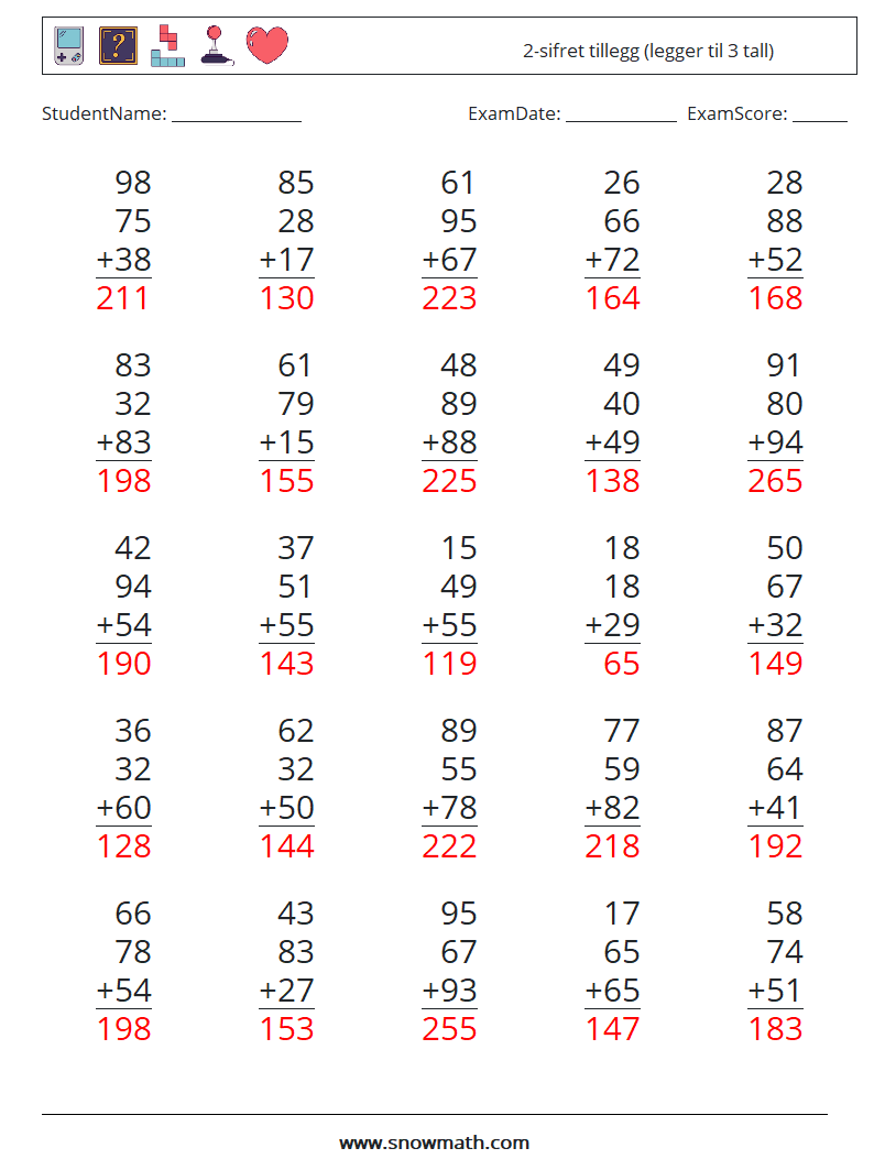 (25) 2-sifret tillegg (legger til 3 tall) MathWorksheets 6 QuestionAnswer