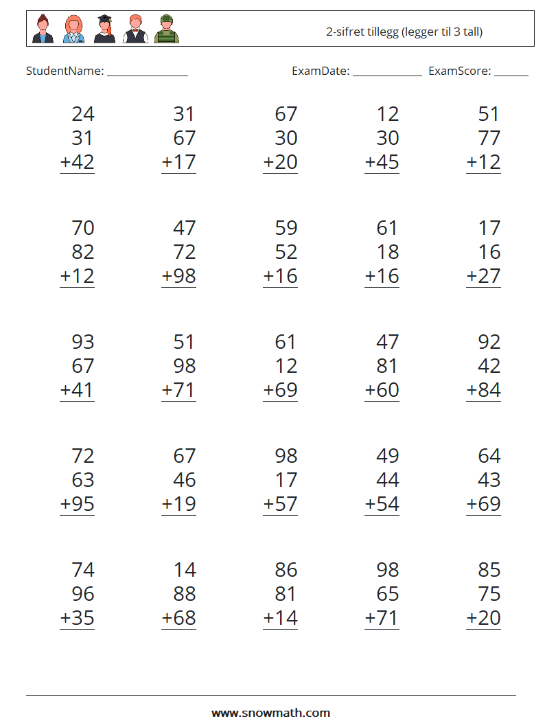 (25) 2-sifret tillegg (legger til 3 tall) MathWorksheets 7
