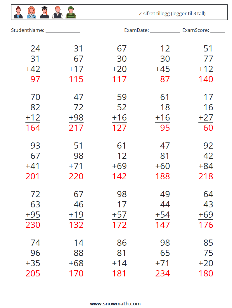 (25) 2-sifret tillegg (legger til 3 tall) MathWorksheets 7 QuestionAnswer