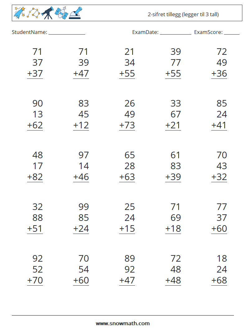 (25) 2-sifret tillegg (legger til 3 tall) MathWorksheets 8