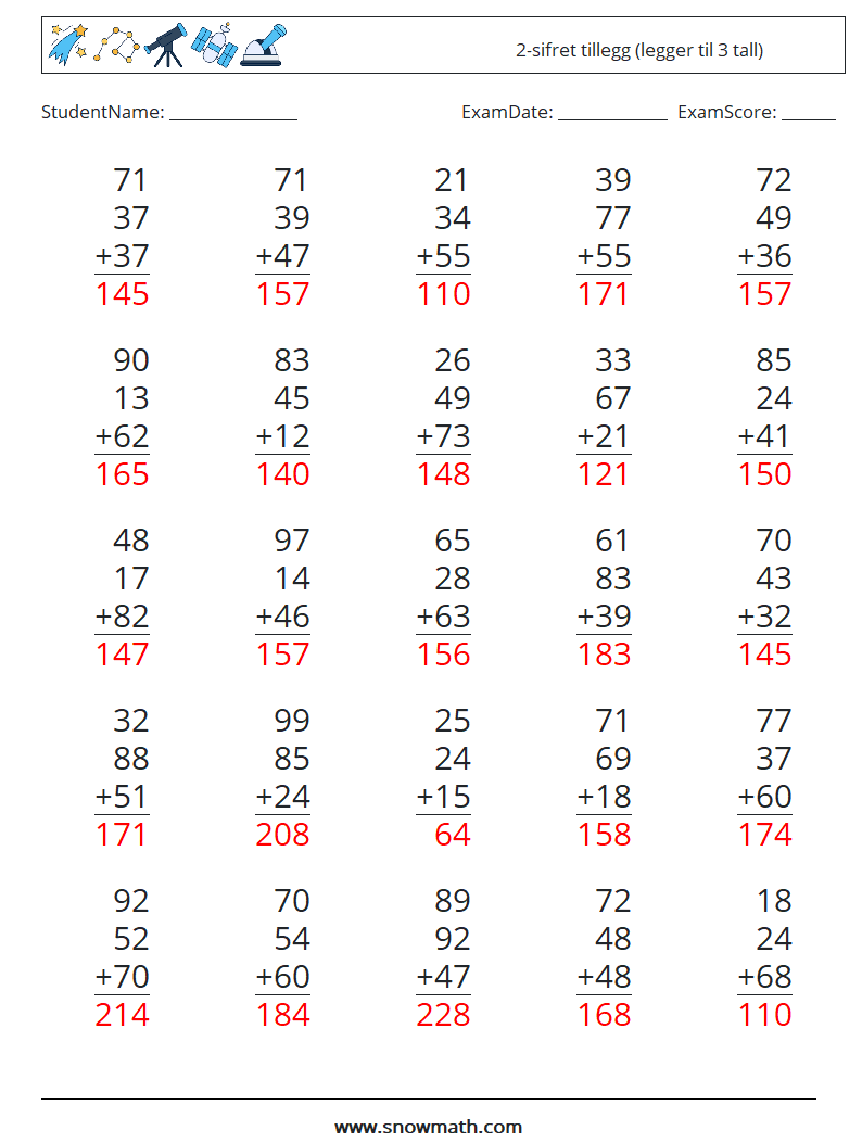 (25) 2-sifret tillegg (legger til 3 tall) MathWorksheets 8 QuestionAnswer