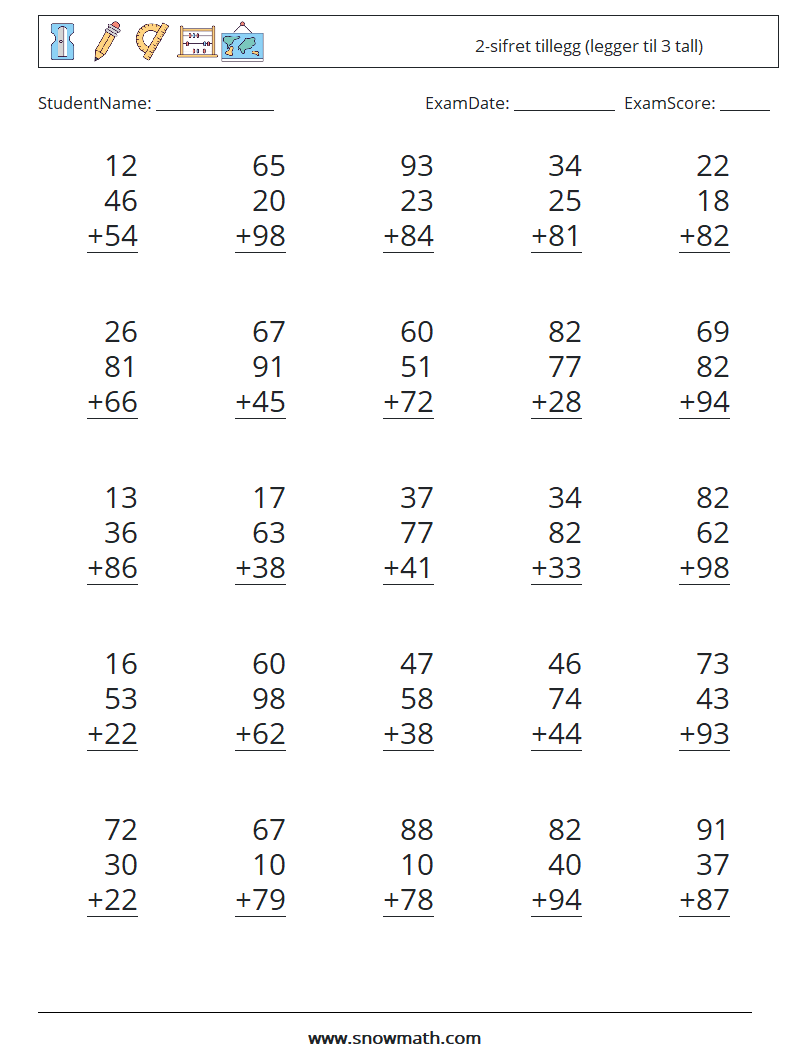 (25) 2-sifret tillegg (legger til 3 tall) MathWorksheets 9