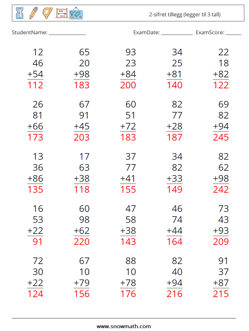 (25) 2-sifret tillegg (legger til 3 tall) MathWorksheets 9 QuestionAnswer