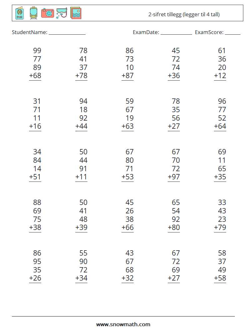 (25) 2-sifret tillegg (legger til 4 tall) MathWorksheets 10
