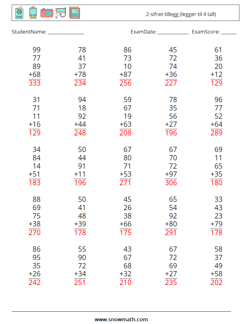 (25) 2-sifret tillegg (legger til 4 tall) MathWorksheets 10 QuestionAnswer