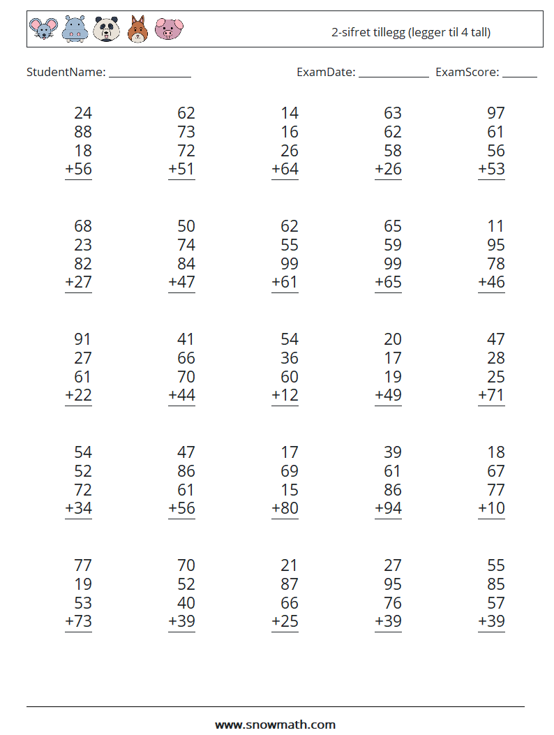 (25) 2-sifret tillegg (legger til 4 tall) MathWorksheets 11