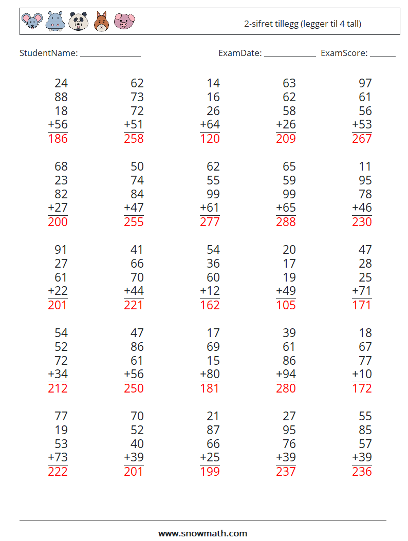 (25) 2-sifret tillegg (legger til 4 tall) MathWorksheets 11 QuestionAnswer