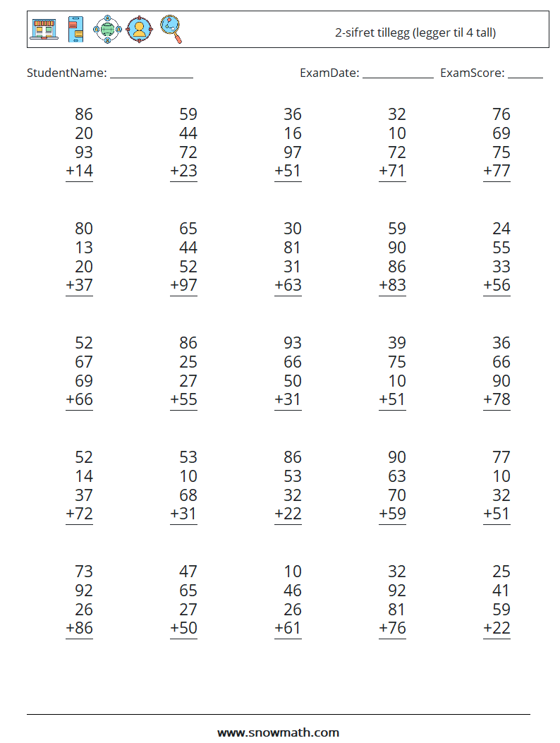 (25) 2-sifret tillegg (legger til 4 tall) MathWorksheets 12