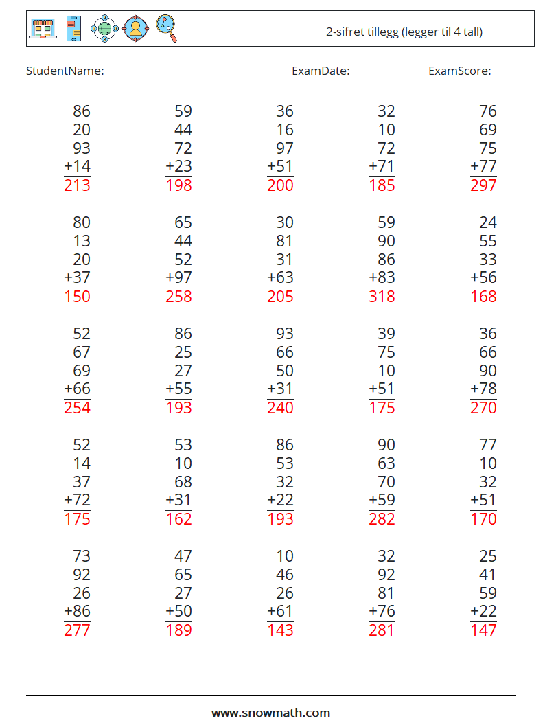 (25) 2-sifret tillegg (legger til 4 tall) MathWorksheets 12 QuestionAnswer