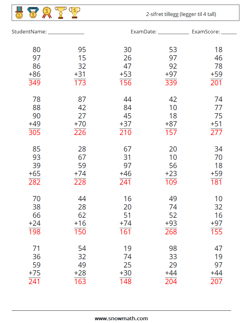 (25) 2-sifret tillegg (legger til 4 tall) MathWorksheets 13 QuestionAnswer