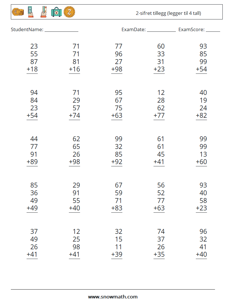 (25) 2-sifret tillegg (legger til 4 tall) MathWorksheets 14
